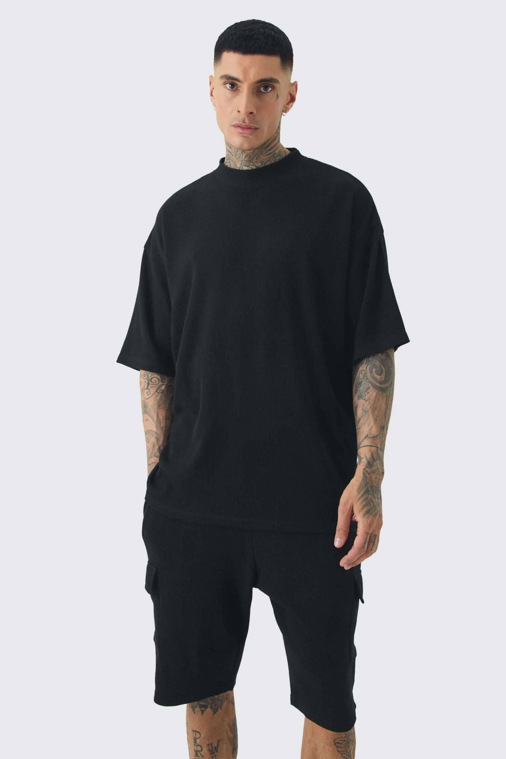 boohooMAN Tall Oversized Waffle T-shirt & Cargo Short Set | UK| Shorts|Tracksuits