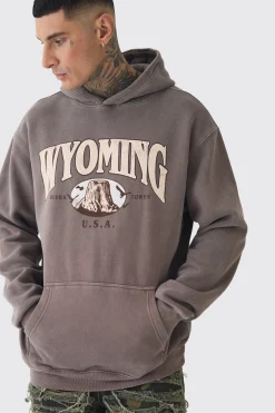 boohooMAN Tall Oversized Washed Wyoming Print Hoodie | UK| Hoodies & Sweatshirts