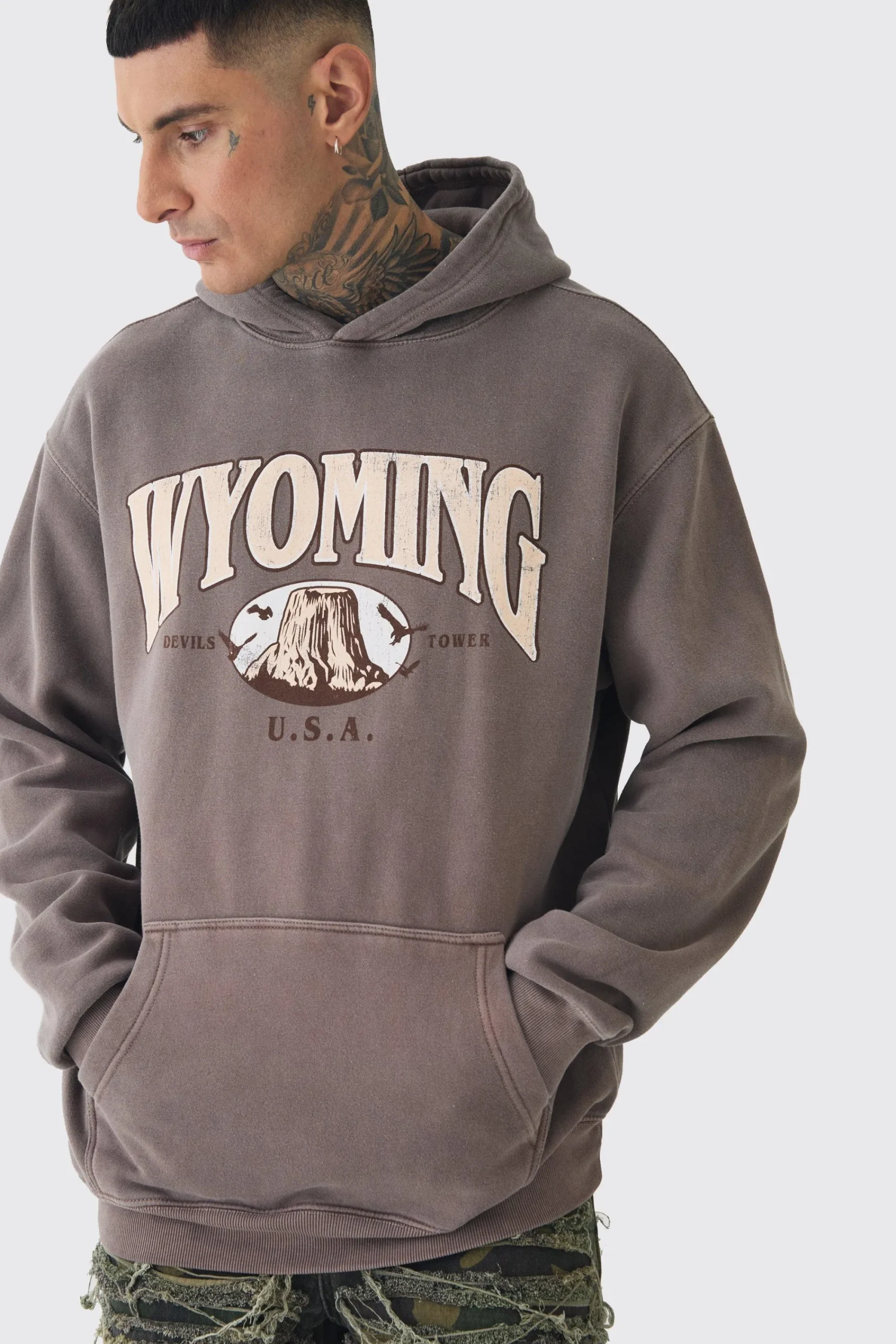 boohooMAN Tall Oversized Washed Wyoming Print Hoodie | UK| Hoodies & Sweatshirts