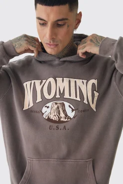 boohooMAN Tall Oversized Washed Wyoming Print Hoodie | UK| Hoodies & Sweatshirts