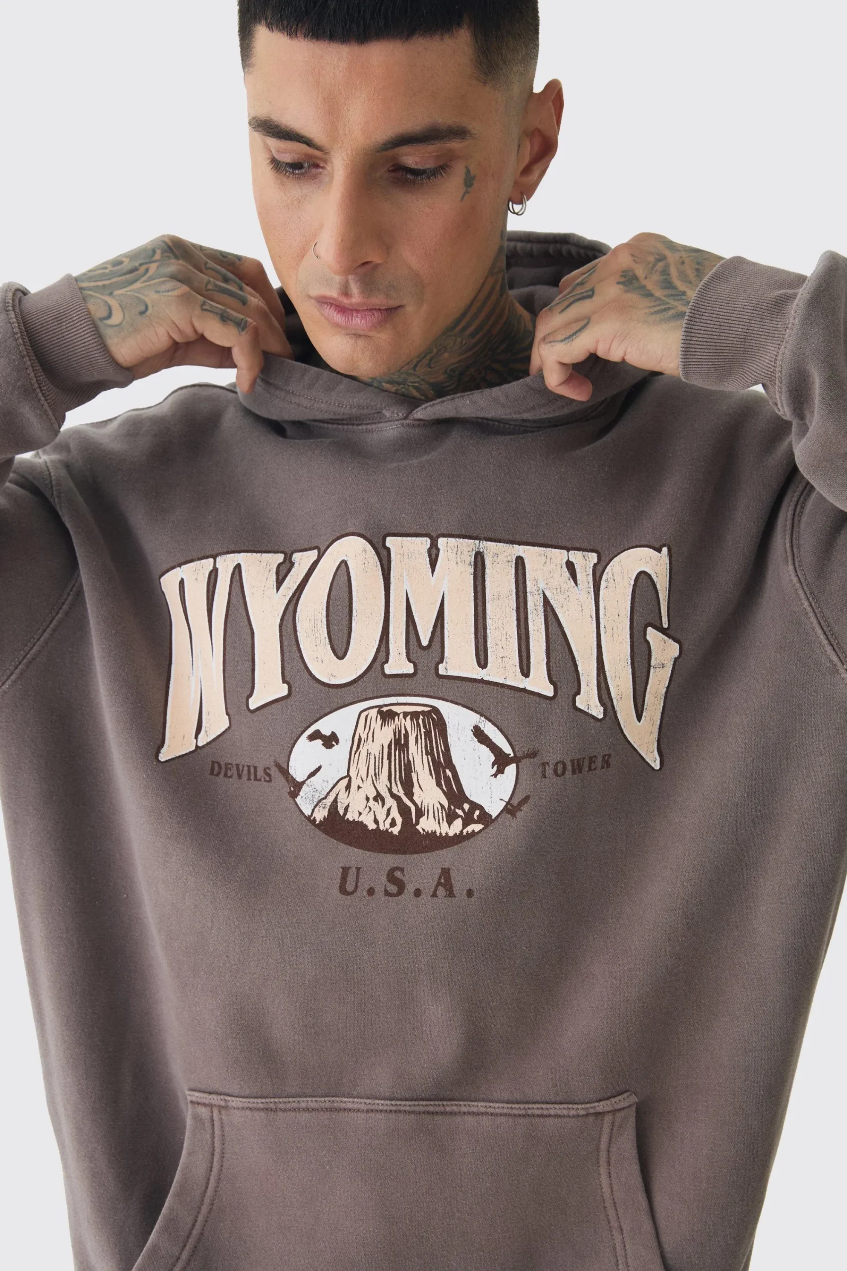 boohooMAN Tall Oversized Washed Wyoming Print Hoodie | UK| Hoodies & Sweatshirts