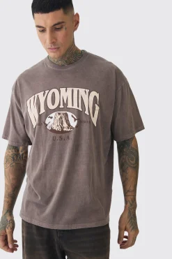 Tall Oversized Washed Wyoming Print T-shirt | UK^boohooMAN Clearance