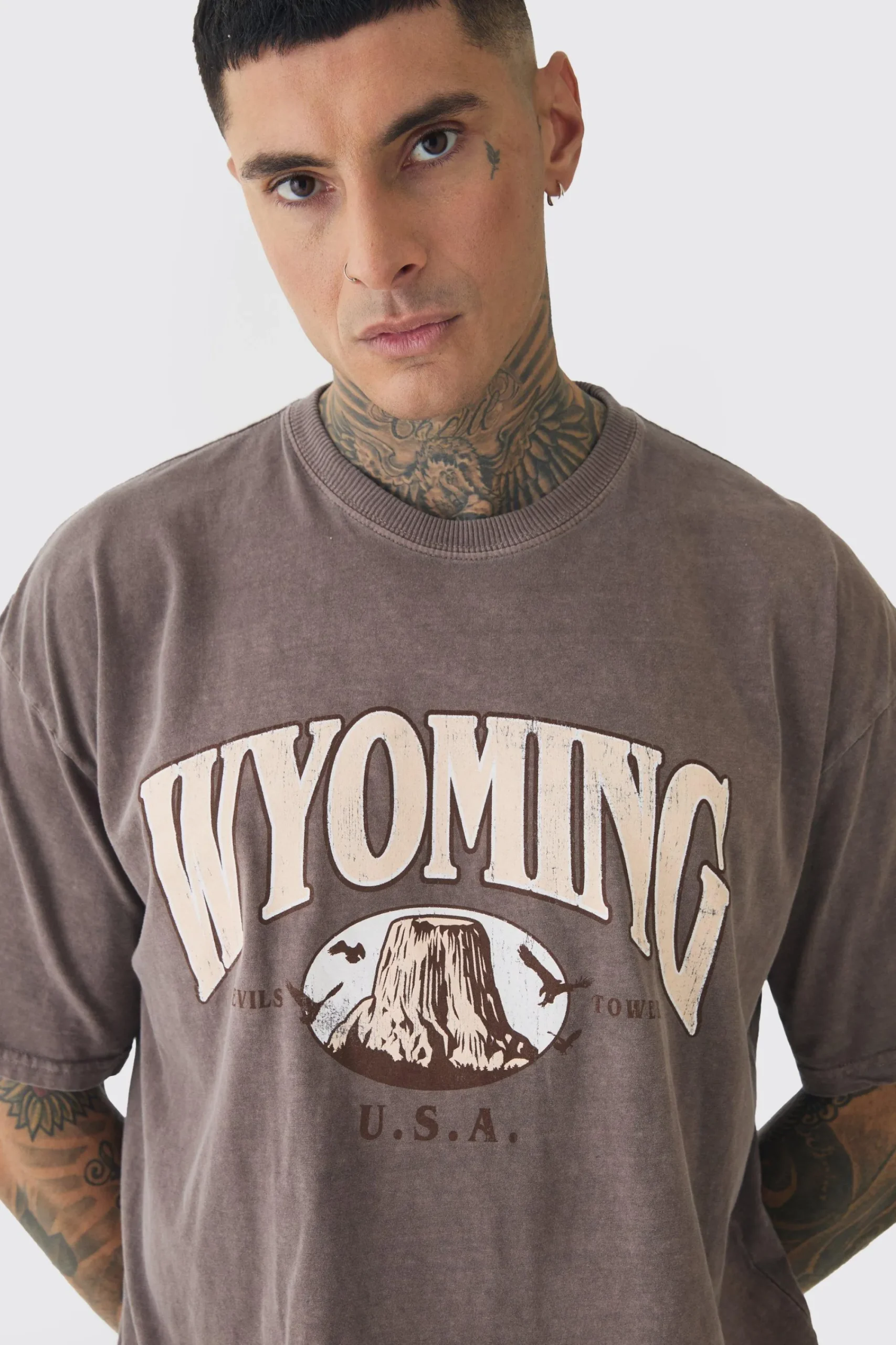 Tall Oversized Washed Wyoming Print T-shirt | UK^boohooMAN Clearance