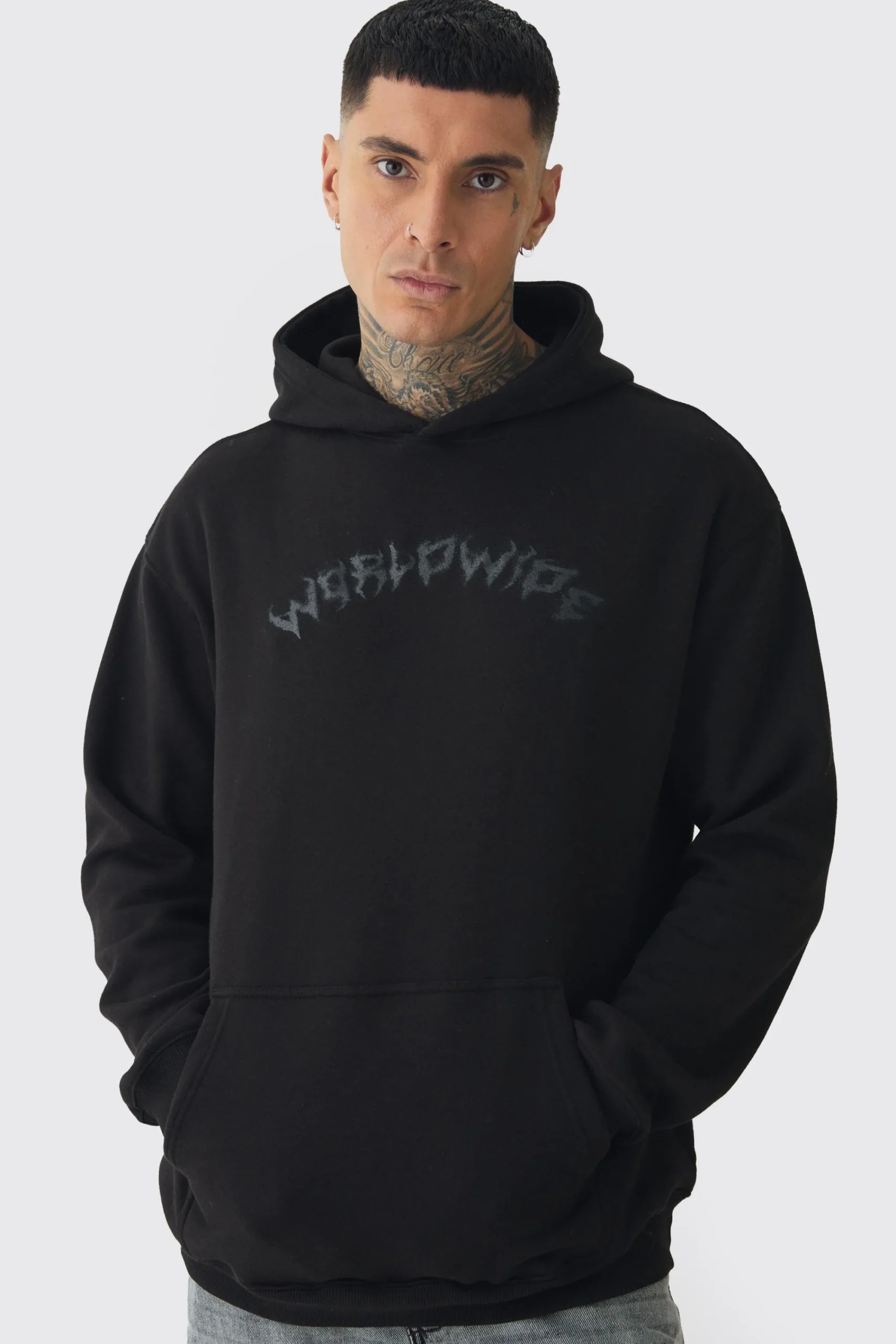 boohooMAN Tall Oversized Worldwide Gothic Cross Print Hoodie | UK| Hoodies & Sweatshirts