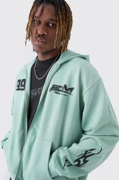 boohooMAN Tall Oversized Zip Thru Heavy Washed Applique Hoodie | UK| Hoodies & Sweatshirts