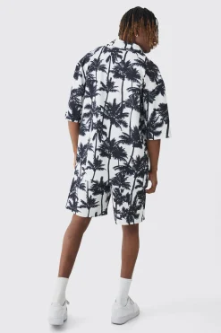 boohooMAN Tall Palm Printed Oversized Short Sleeve Pleated Shirt & Short Set | UK| Sets & Co-Ords