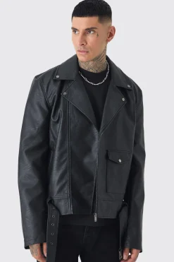 boohooMAN Tall PU Biker Jacket In | UK| Coats & Jackets