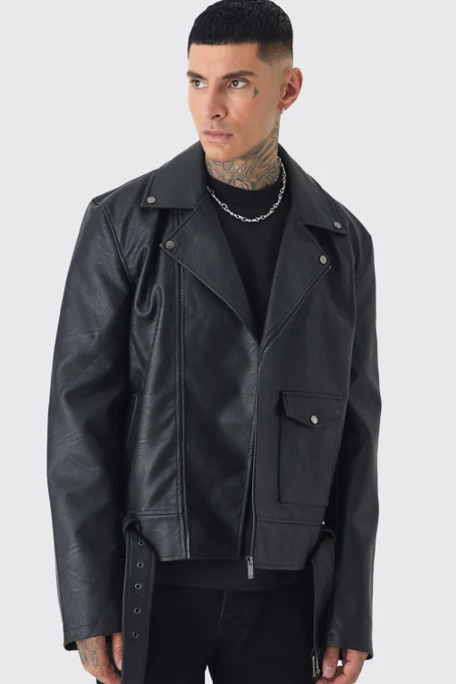 boohooMAN Tall PU Biker Jacket In | UK| Coats & Jackets