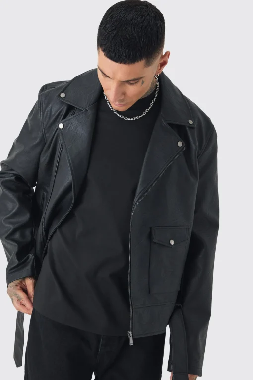 boohooMAN Tall PU Biker Jacket In | UK| Coats & Jackets