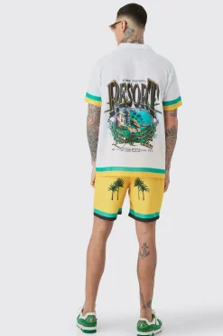 boohooMAN Tall Regular Resort Print Shirt & Swim Short Set In | UK| Sets & Co-Ords