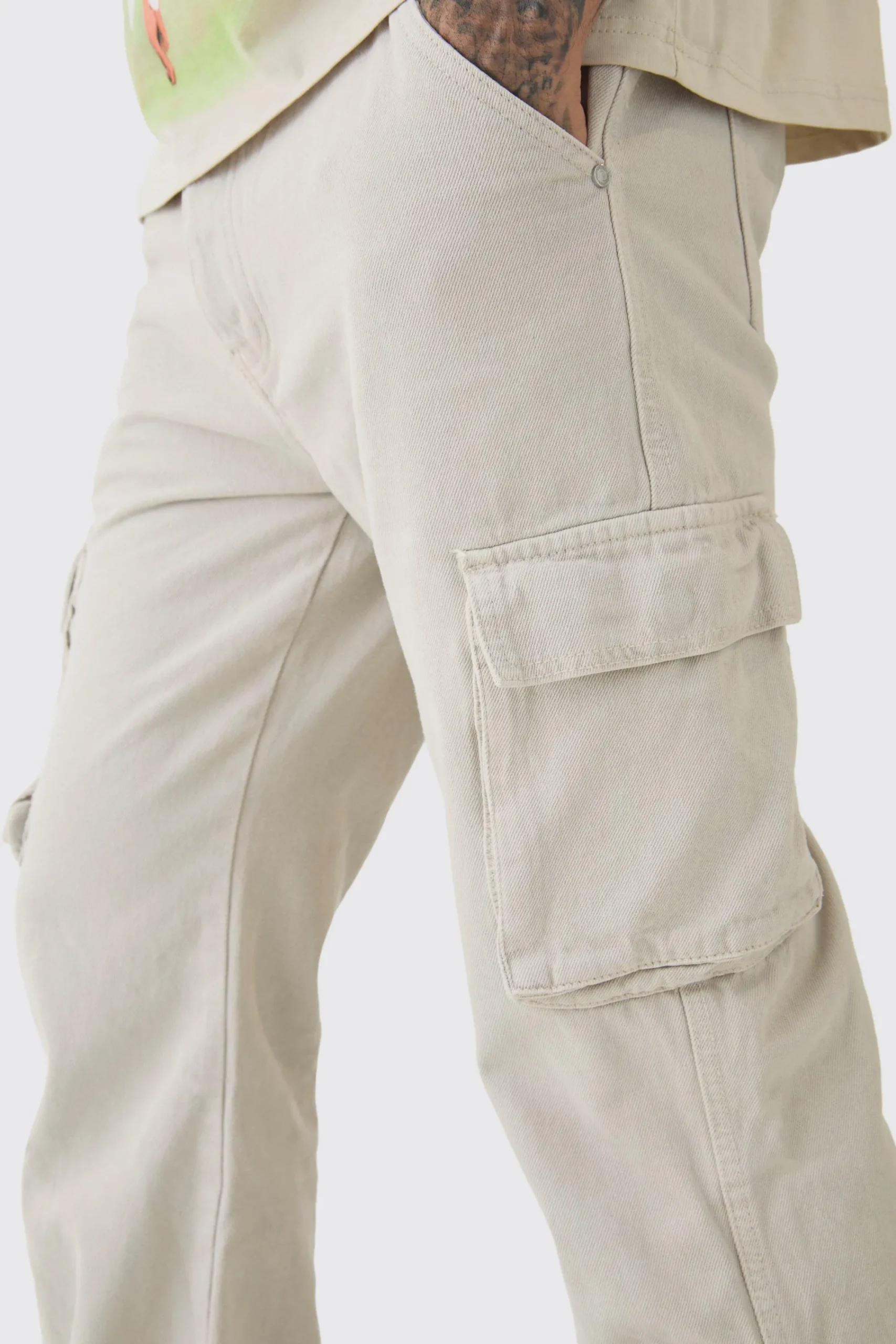 boohooMAN Tall Relaxed Flare Overdye Popper Hem Cargo Trouser In | UK| Trousers|Cargos