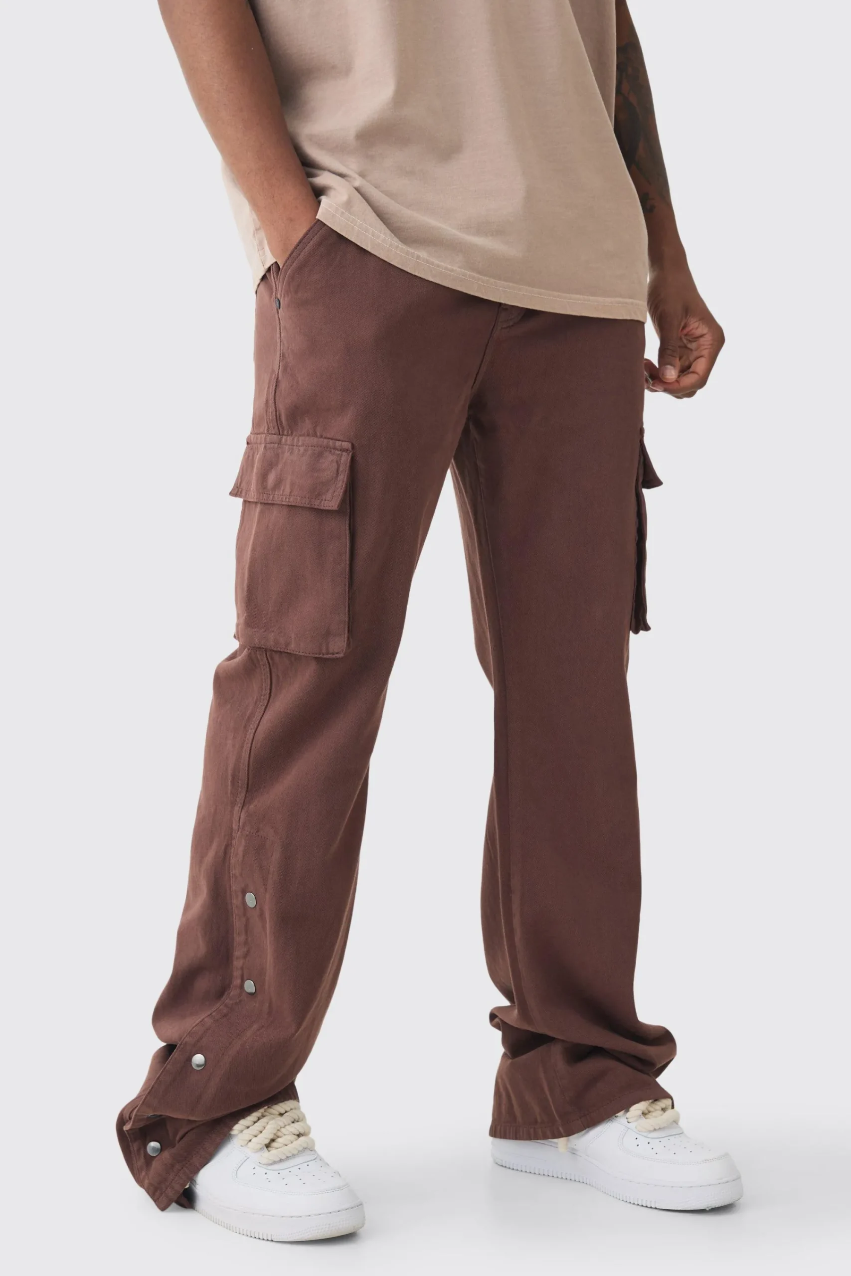 boohooMAN Tall Relaxed Flare Overdye Popper Hem Cargo Trouser In | UK| Trousers|Cargos