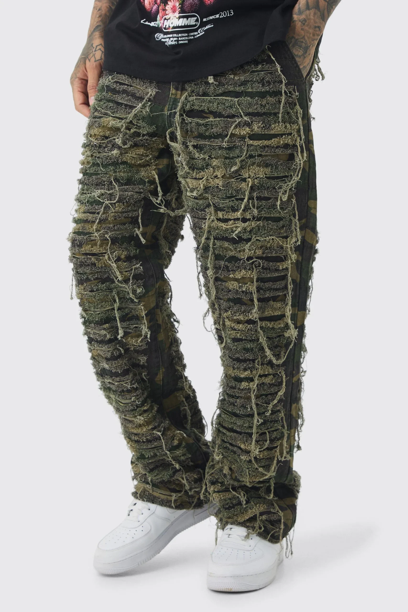 boohooMAN Tall Relaxed Heavily Distressed Camo Trouser | UK| Trousers