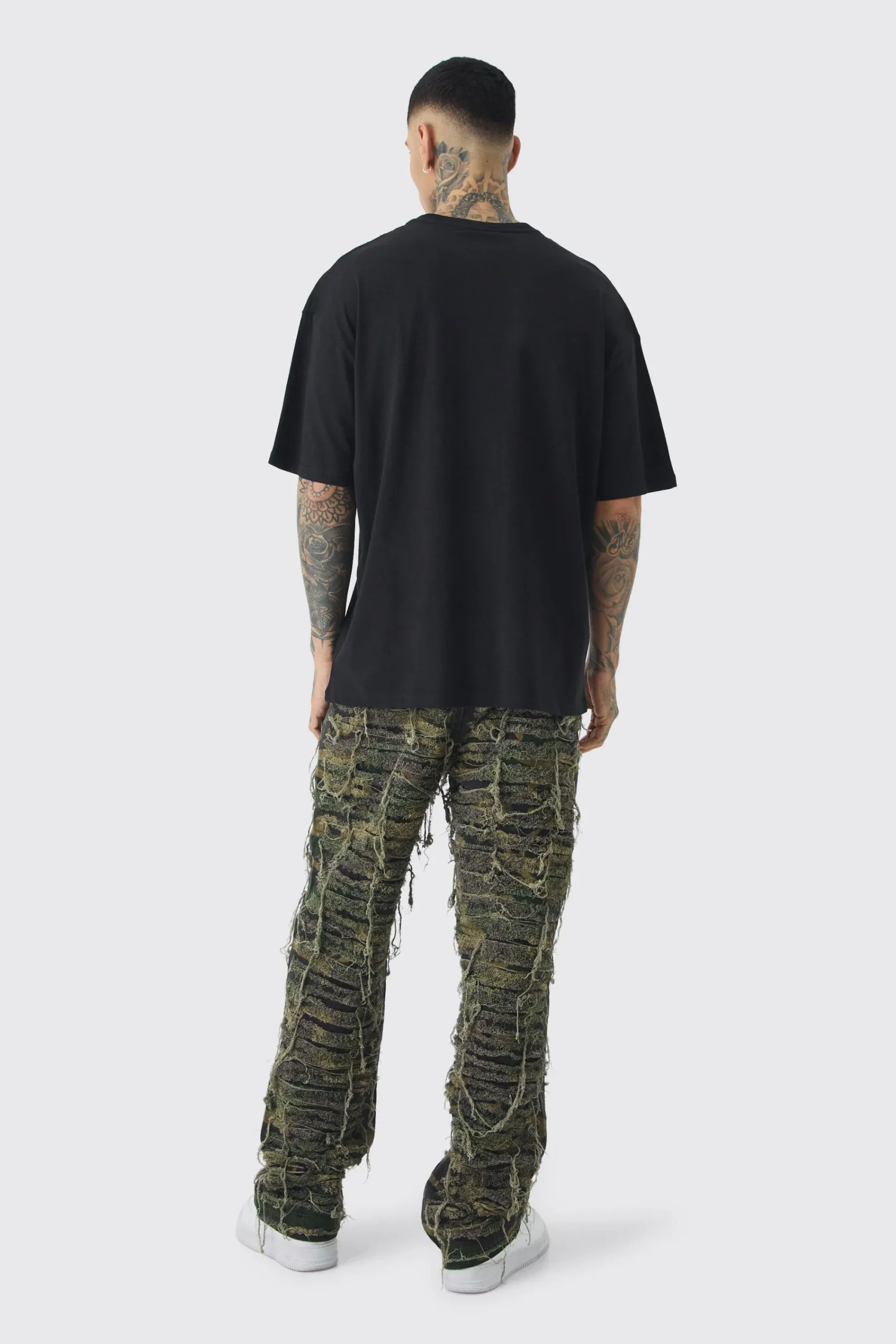 boohooMAN Tall Relaxed Heavily Distressed Camo Trouser | UK| Trousers