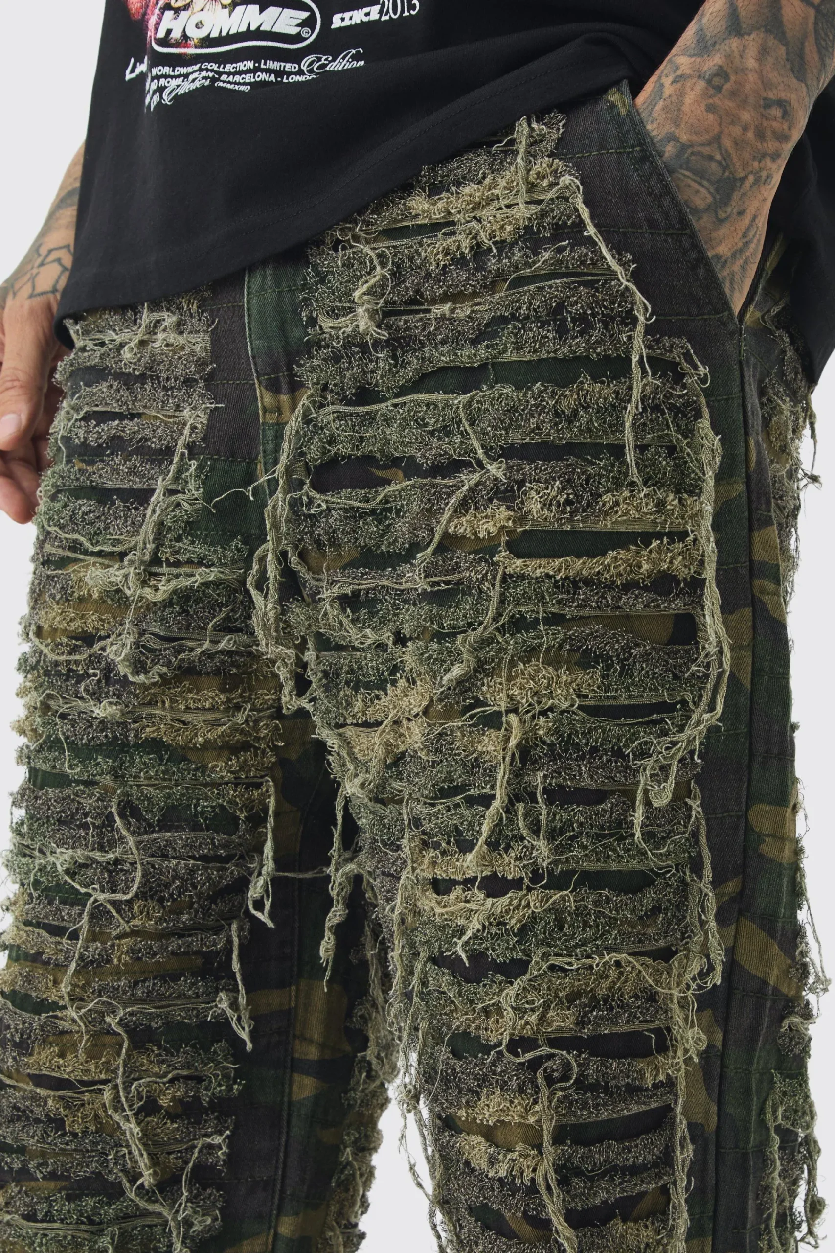 boohooMAN Tall Relaxed Heavily Distressed Camo Trouser | UK| Trousers