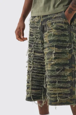 boohooMAN Tall Relaxed Heavily Distressed Camo Jort | UK| Shorts