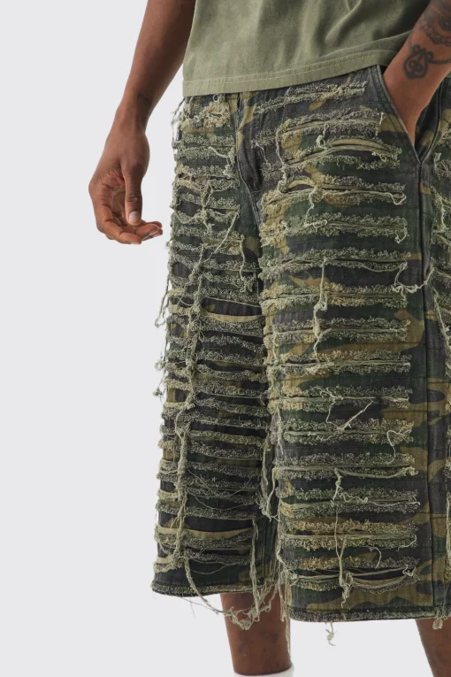 boohooMAN Tall Relaxed Heavily Distressed Camo Jort | UK| Shorts