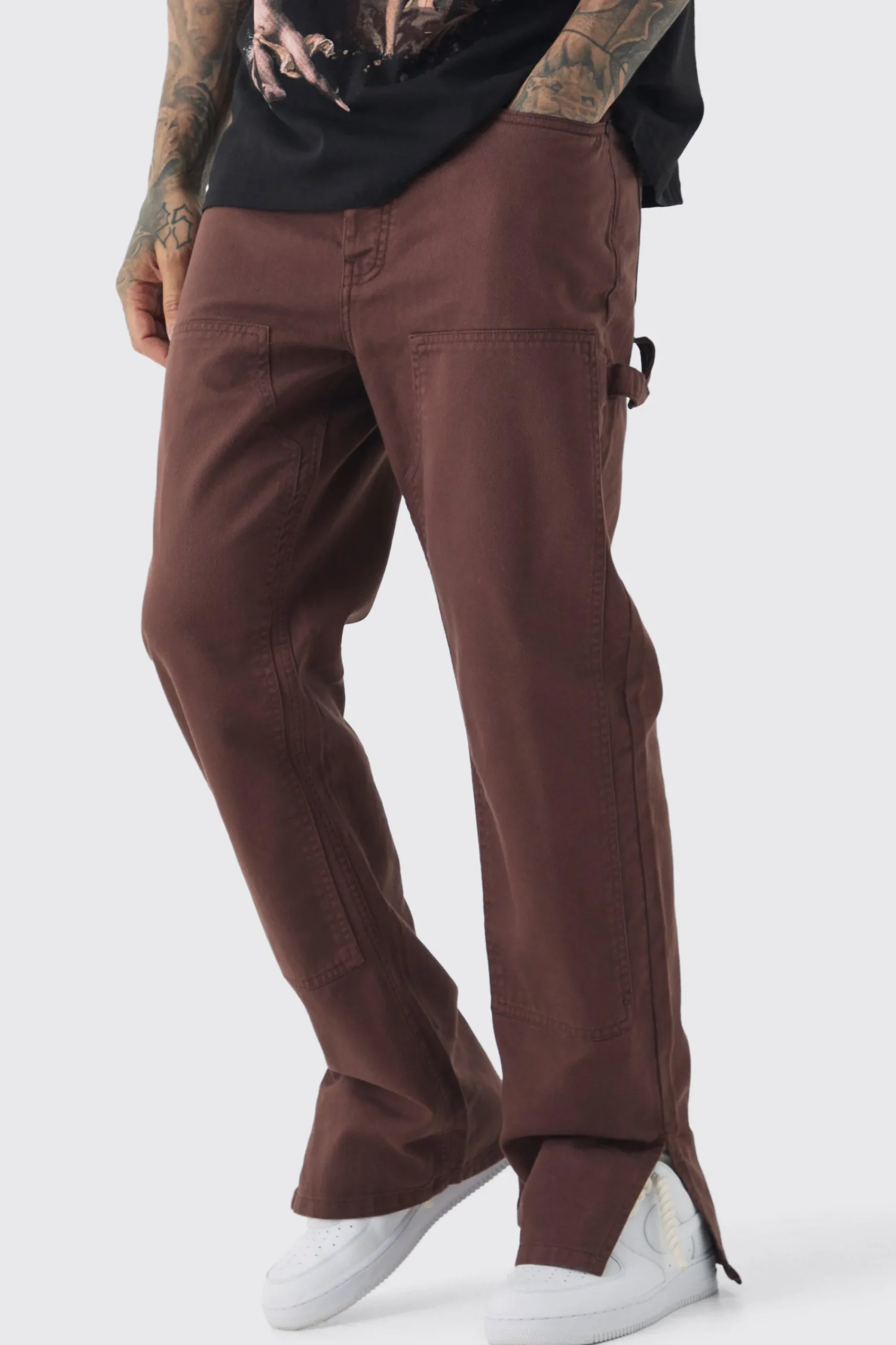 boohooMAN Tall Relaxed Overdye Carpenter Split Hem Trouser In | UK| Trousers
