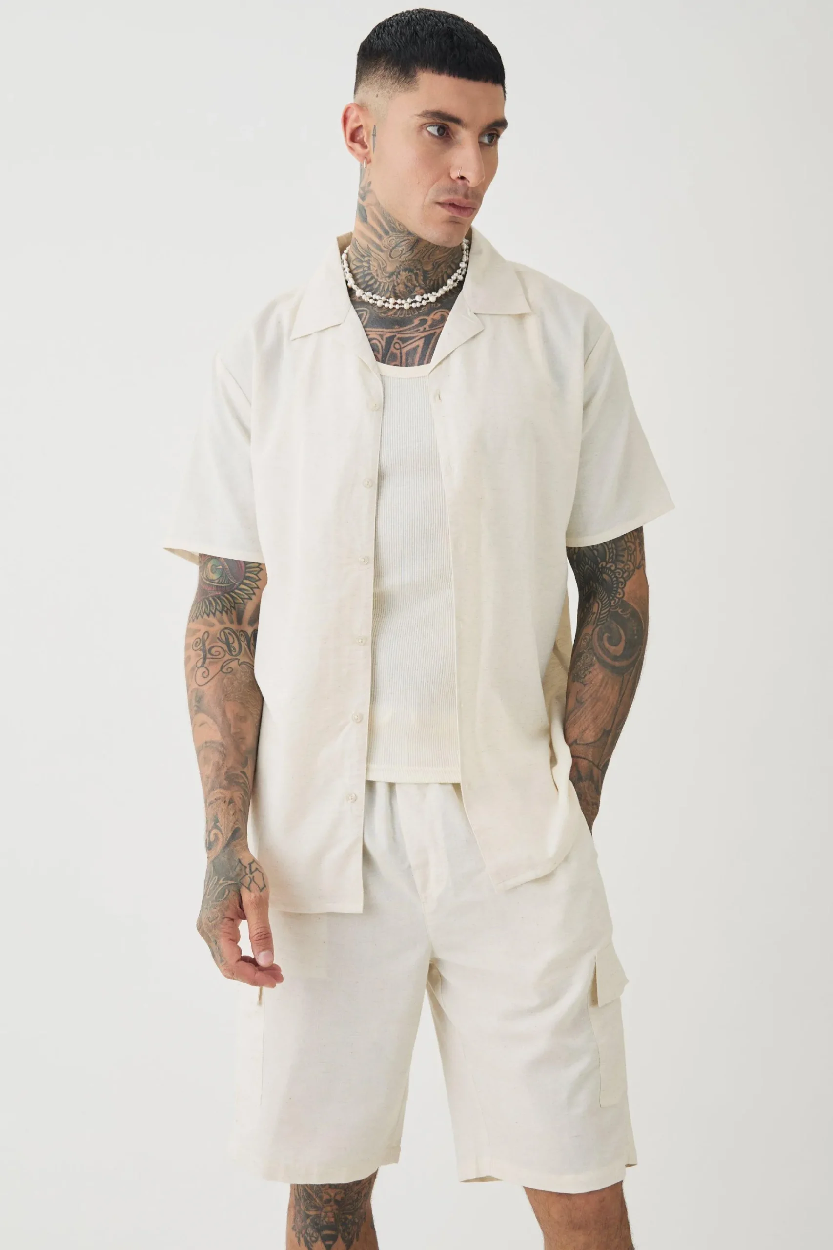 boohooMAN Tall Short Sleeve Linen Cargo Shirt & Short Set In | UK| Sets & Co-Ords