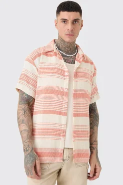 boohooMAN Tall Short Sleeve Oversized Textured Stripe Shirt In | UK| Shirts