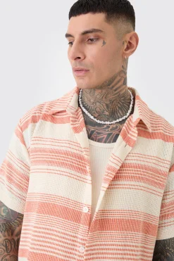 boohooMAN Tall Short Sleeve Oversized Textured Stripe Shirt In | UK| Shirts