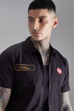 boohooMAN Tall Short Sleeve Twill Zip Moto Shirt | UK| Shirts