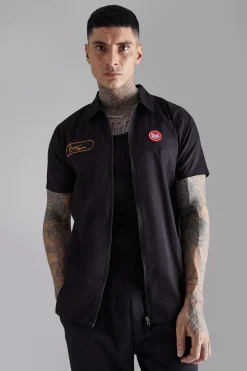 boohooMAN Tall Short Sleeve Twill Zip Moto Shirt | UK| Shirts