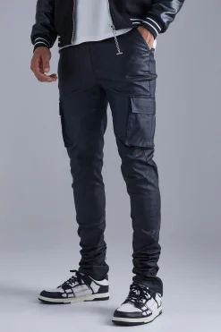 boohooMAN Tall Skinny Stacked Coated Twill Cargo Trouser | UK| Trousers|Cargos