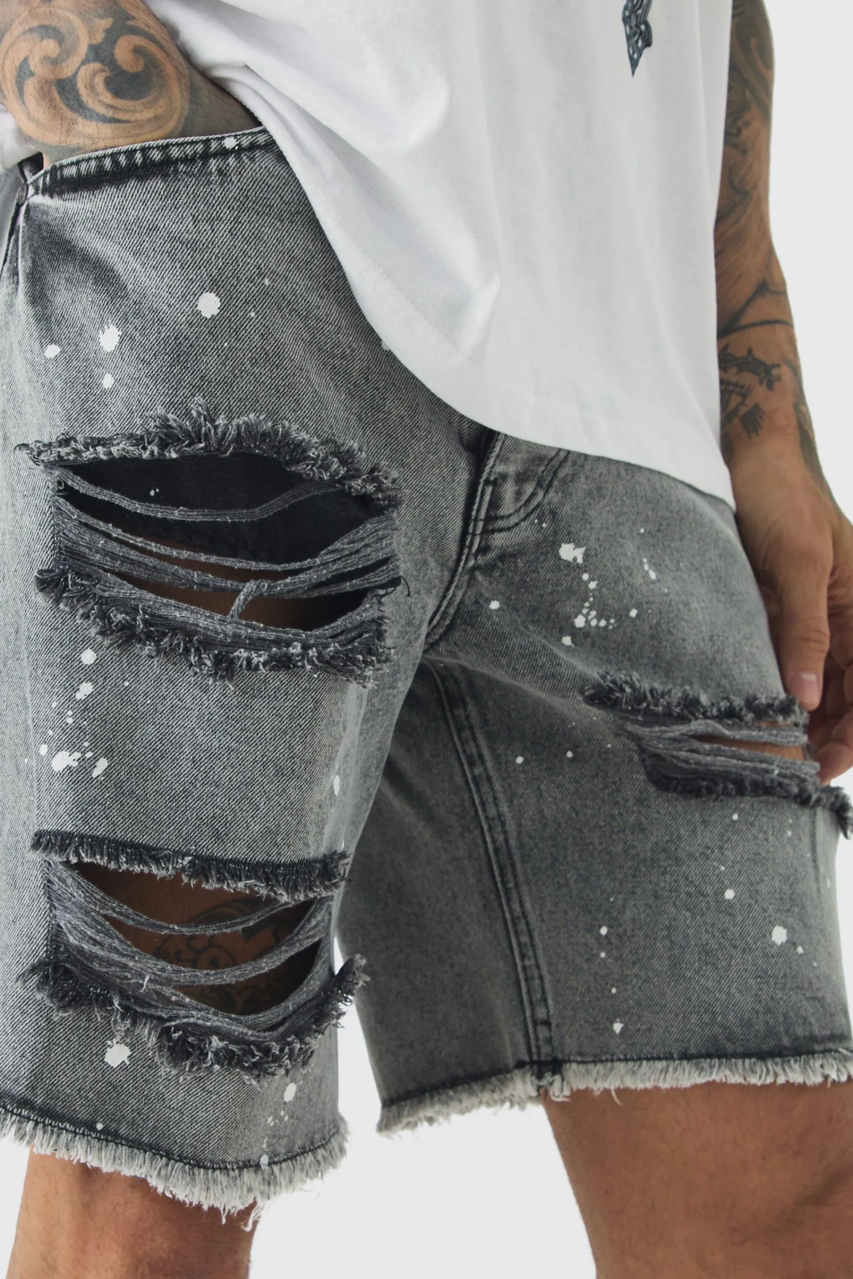 boohooMAN Tall Slim Rigid Ripped Paint Splatter Denim Shorts In | UK| Shorts