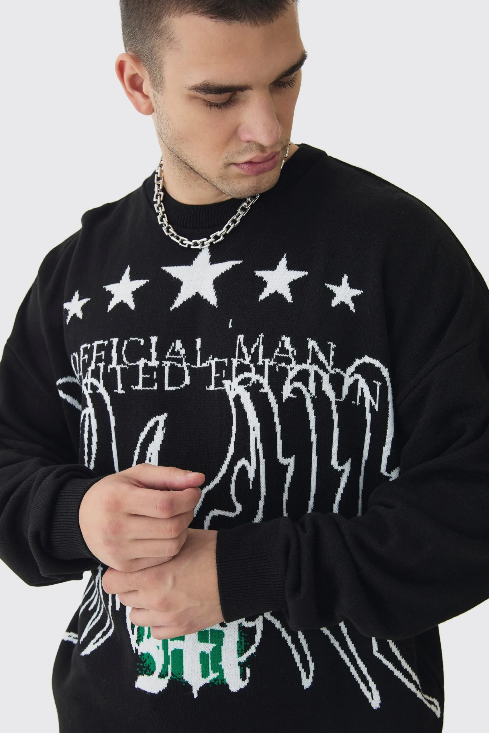 boohooMAN Tall Star Graphic Crew Neck Jumper | UK| Knitwear