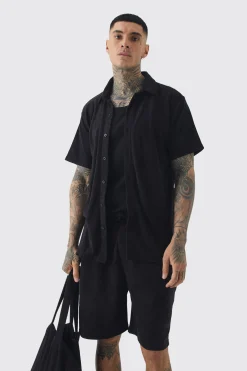 boohooMAN Tall Towelling Overshirt Shirt Short & Tote Set | UK| Tracksuits|Shirts