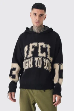 boohooMAN Tall Varsity Distressed Knitted Hoodie | UK| Knitwear|Hoodies & Sweatshirts