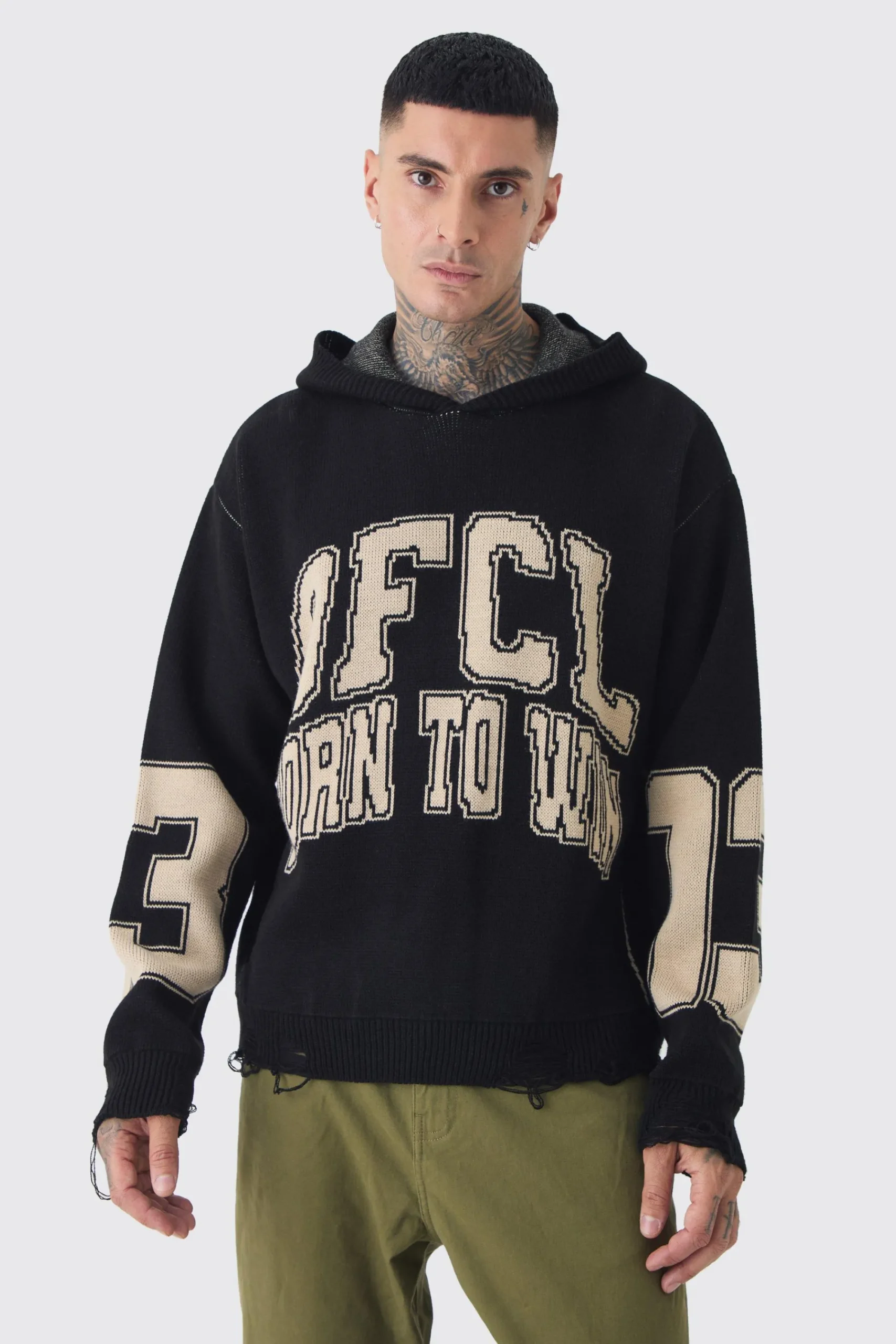 boohooMAN Tall Varsity Distressed Knitted Hoodie | UK| Knitwear|Hoodies & Sweatshirts