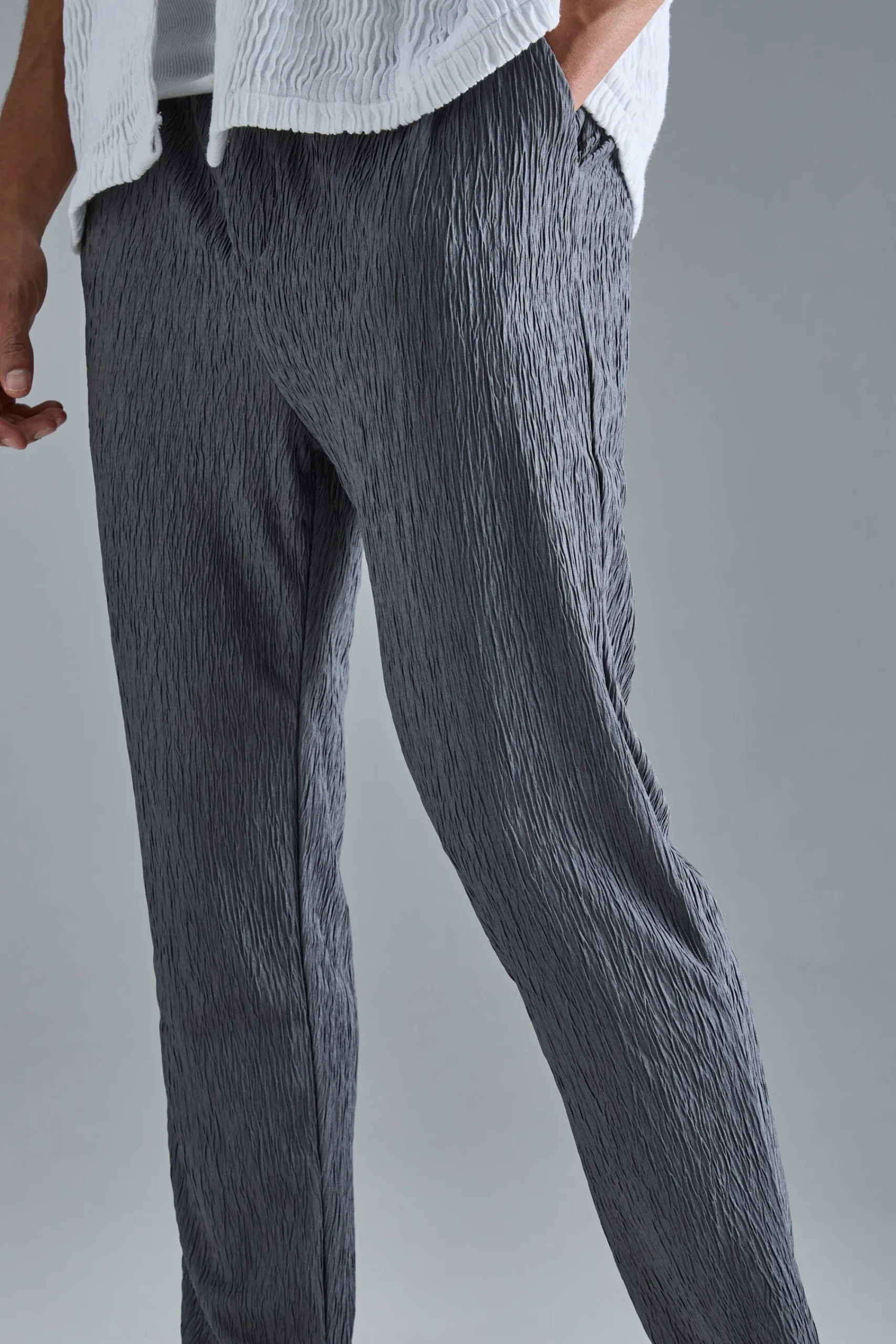 boohooMAN Textured Satin Elasticated Waist Tapered Trousers | UK| Suits & Tailoring|Trousers