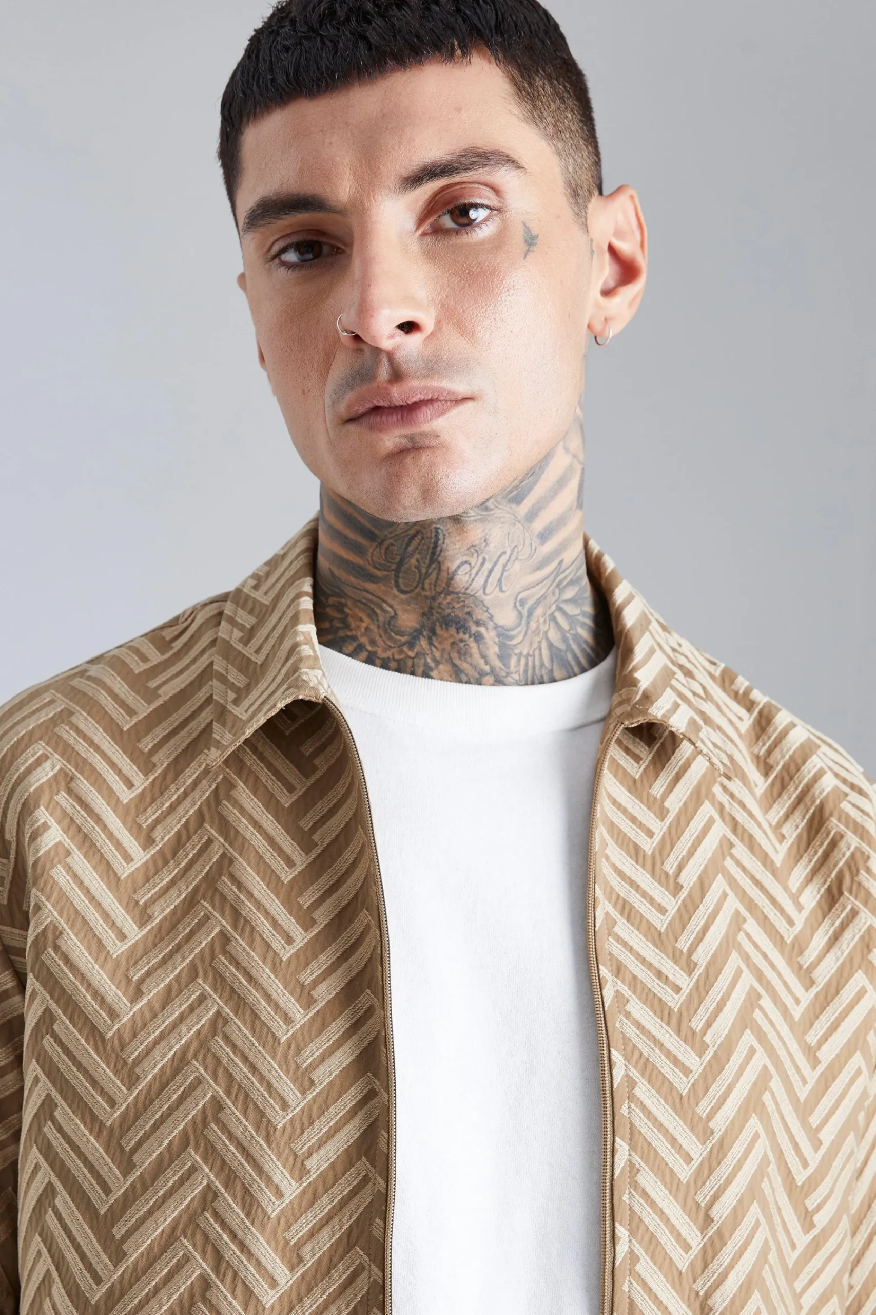 boohooMAN Tonal Geo Smart Zip Overshirt | UK| Shirts|Sets & Co-Ords