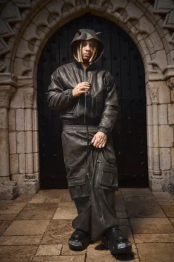 boohooMAN Trippie Redd Relaxed Faux Leather Elastic Waist Cargo Trouser | UK| Trousers|Cargos