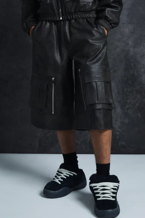 boohooMAN Trippie Redd Relaxed Longline Washed Pu Cargo Jorts In | UK| Shorts