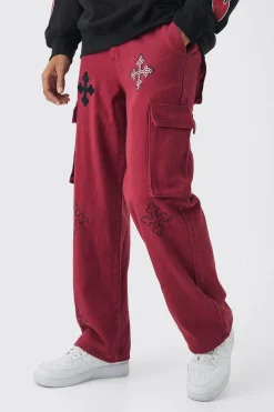 boohooMAN Twill Fixed Waist Relaxed Cross Applique Cargo Trousers | UK| Trousers|Cargos