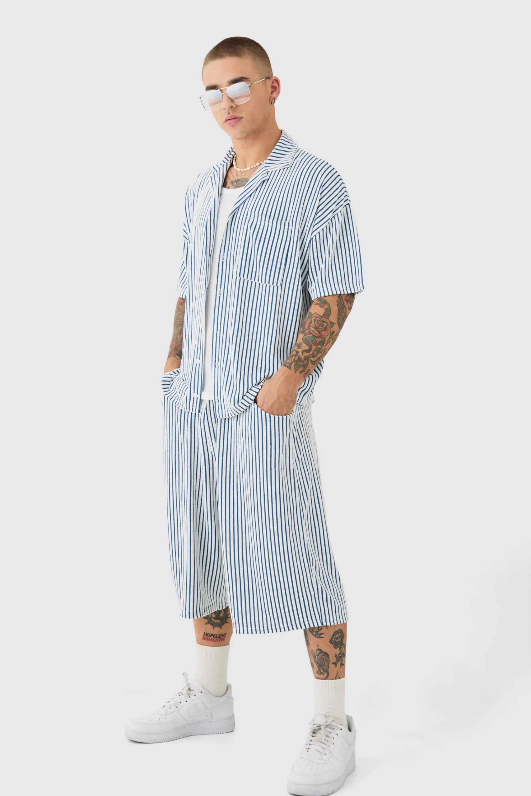 boohooMAN Two Tone Towelling Boxy Shirt And Short Set | UK| Sets & Co-Ords