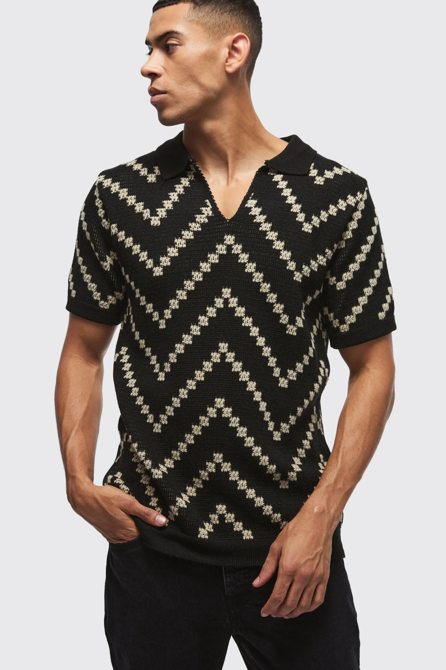 boohooMAN V Neck Stripe Knit Polo | UK| Knitwear