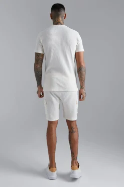 boohooMAN Waffle Bomber Neck 1/4 Zip Polo And Short Set | UK| Sets & Co-Ords|Tracksuits