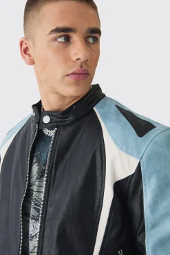 boohooMAN Washed Pu Panel Moto Jacket In | UK| Coats & Jackets