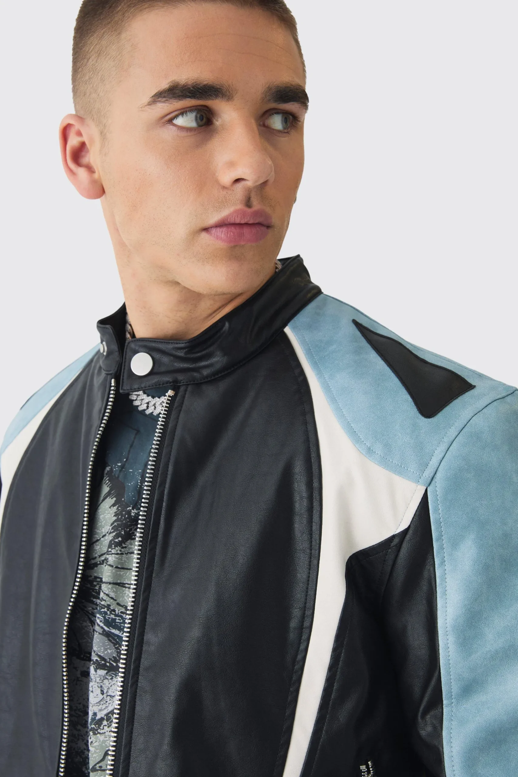 boohooMAN Washed Pu Panel Moto Jacket In | UK| Coats & Jackets