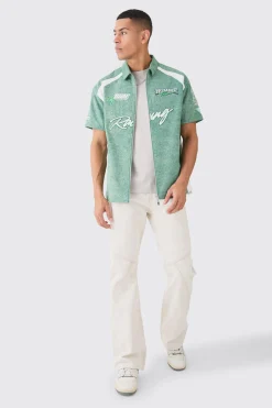 boohooMAN Washed Twill Moto Badge Zip Shirt | UK| Shirts