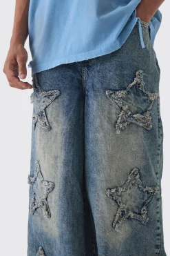 boohooMAN Wide Leg Rigid Star Distressed Applique Jeans | UK| Trousers|Jeans