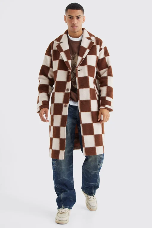 boohooMAN Wool Look Checkerboard Single Breasted Overcoat | UK| Coats & Jackets