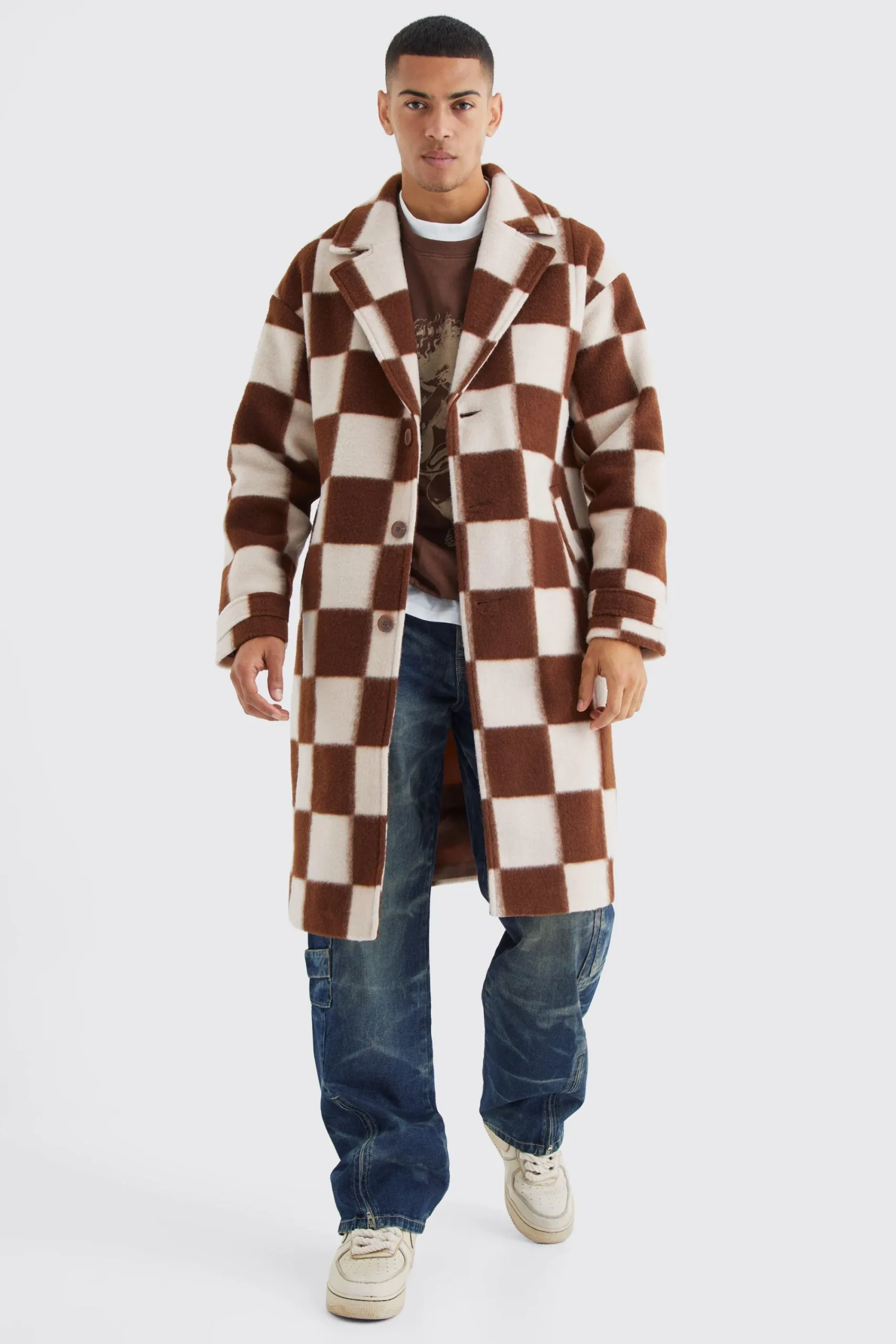 boohooMAN Wool Look Checkerboard Single Breasted Overcoat | UK| Coats & Jackets