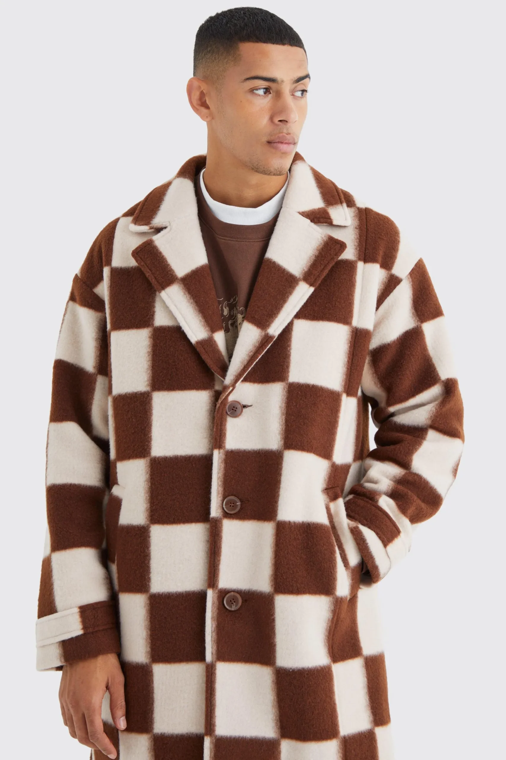 boohooMAN Wool Look Checkerboard Single Breasted Overcoat | UK| Coats & Jackets