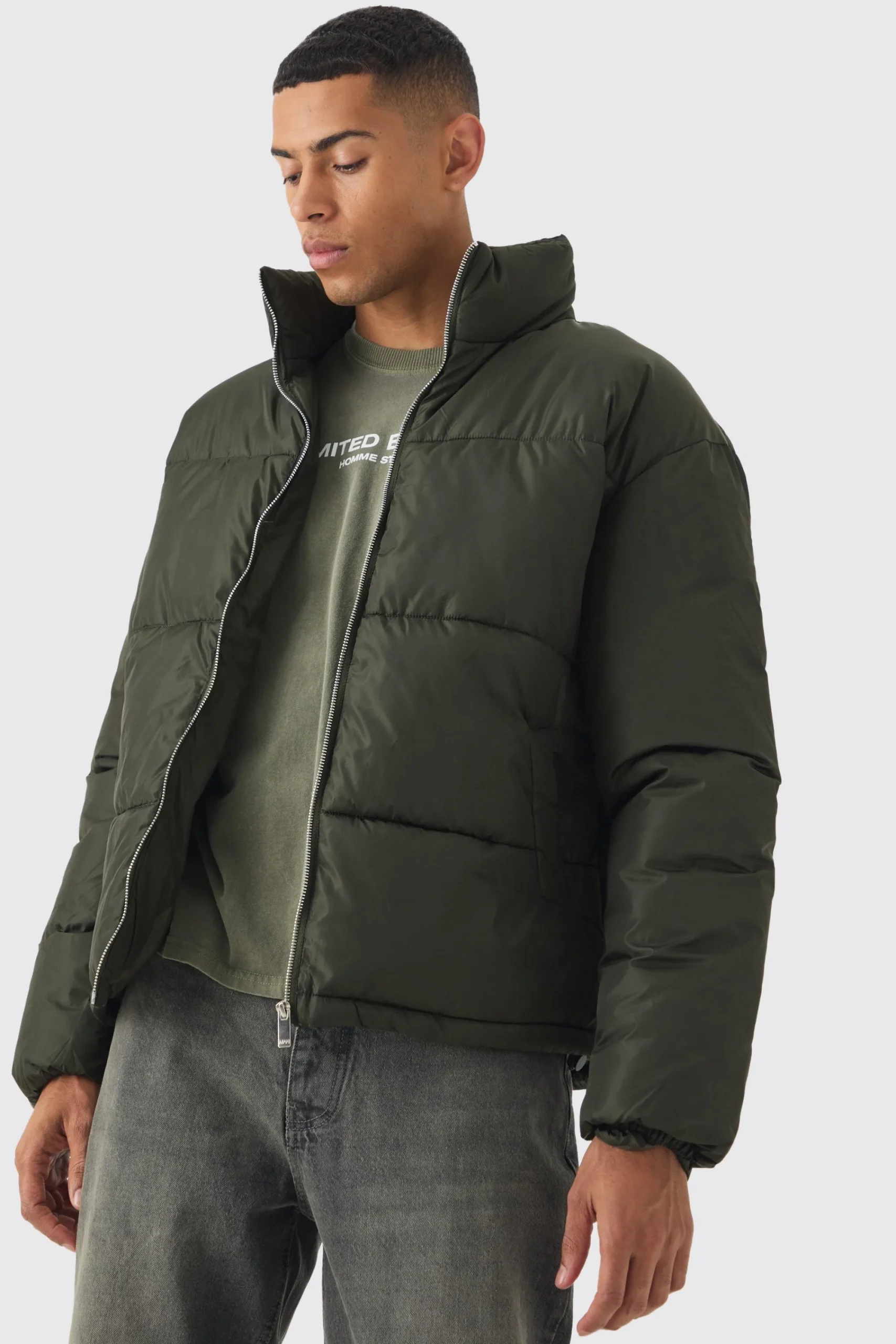 boohooMAN Worldwide Applique Funnel Neck Puffer In | UK| Coats & Jackets