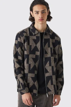 boohooMAN Zip Through Brushed Geometric Overshirt | UK| Shirts